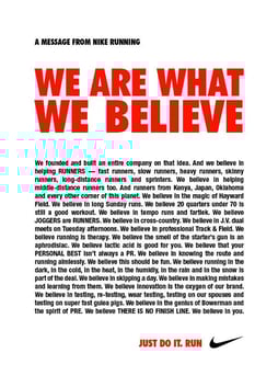 A bold Nike poster featuring the text of "We are what we believe" manifesto.